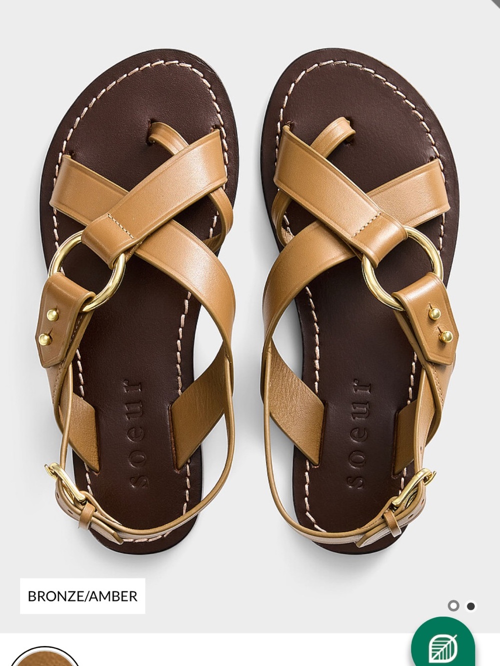 soeur Bronze/Amber Leather Cross-Strap Sandals with Gold Rings